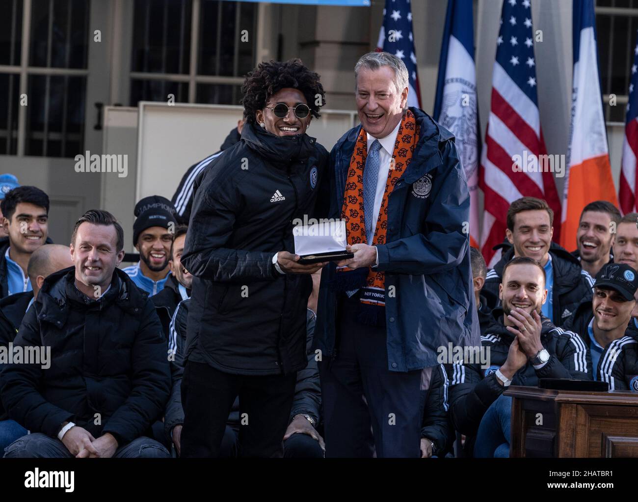 New York, NY - December 14, 2021: Forward Talles Magno received Keys to the City from mayor Bill de Blasio during celebration for NYCFC winning the 2021 MLS Cup on City Hall steps Stock Photo