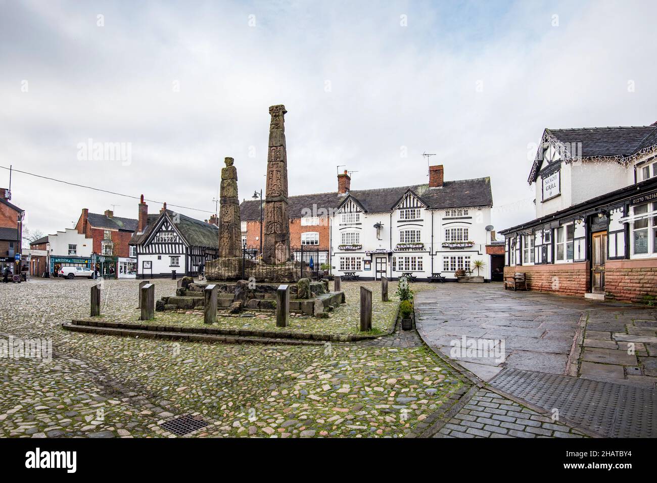 The Sandbach Crosses, Market Square, Sandbach with the Saxon Grill building behind........ at centre right (December 2021) Stock Photo