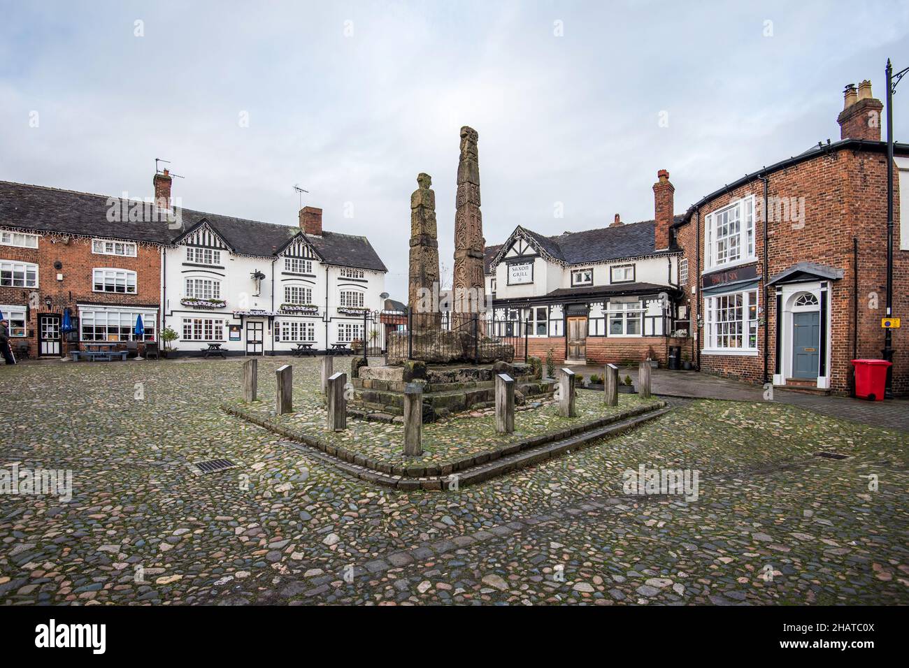 The Sandbach Crosses, Market Square, Sandbach with the Saxon Grill building behind (at centre left) @ December 2021. Stock Photo