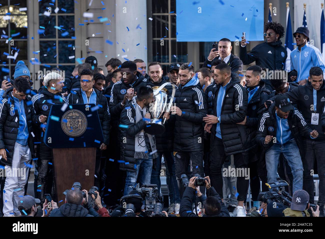 New York, NY - December 14, 2021: Celebration for NYCFC winning the 2021 MLS Cup on City Hall steps in full swing Stock Photo