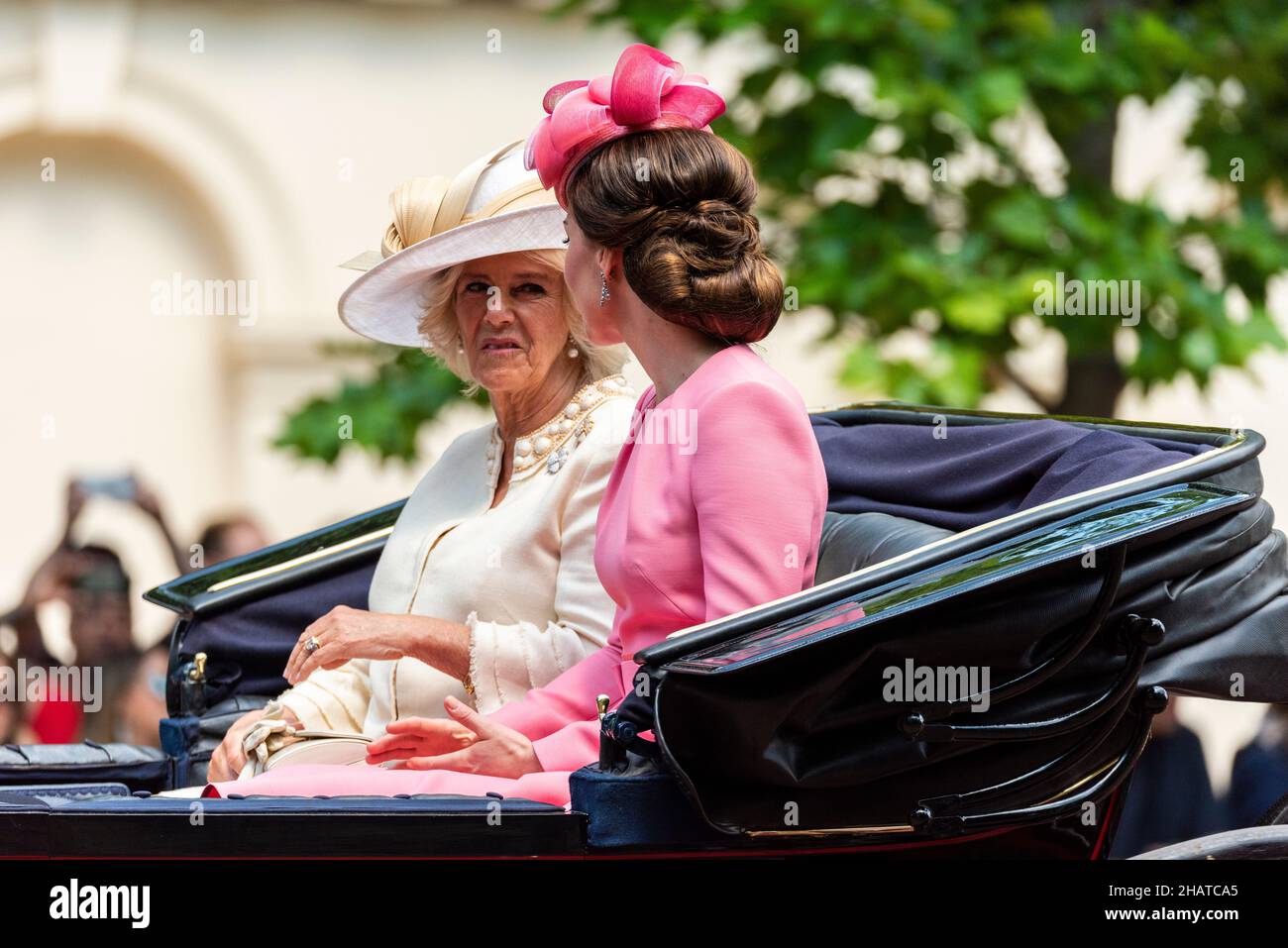 Duchesses of Cambridge and Cornwall at Trooping the Colour 2017, The Mall, London. Kate Middleton and Camilla Parker Bowles in conversation. Women Stock Photo