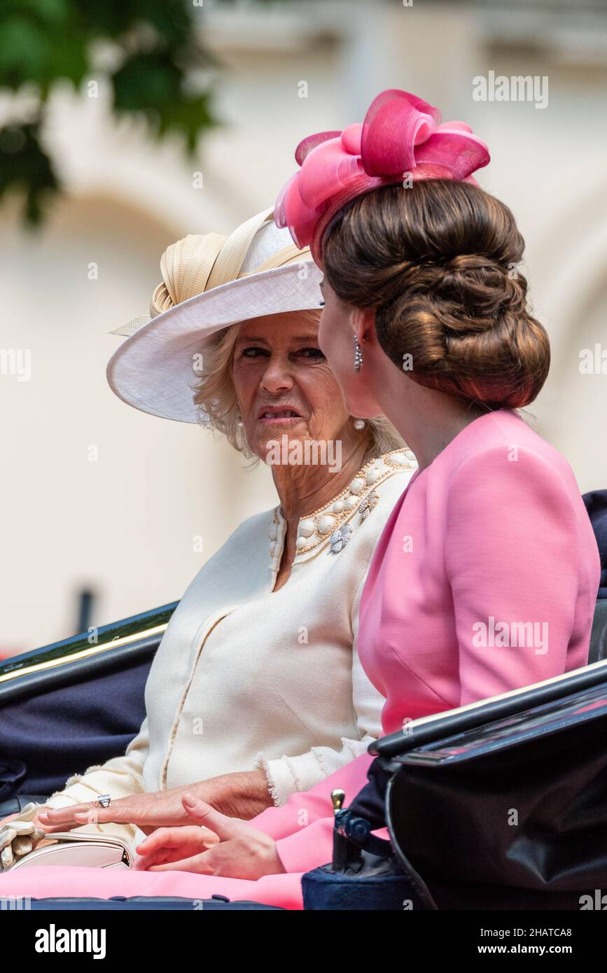 Duchesses of Cambridge and Cornwall at Trooping the Colour 2017, The Mall, London. Kate Middleton and Camilla Parker-Bowles in conversation Stock Photo