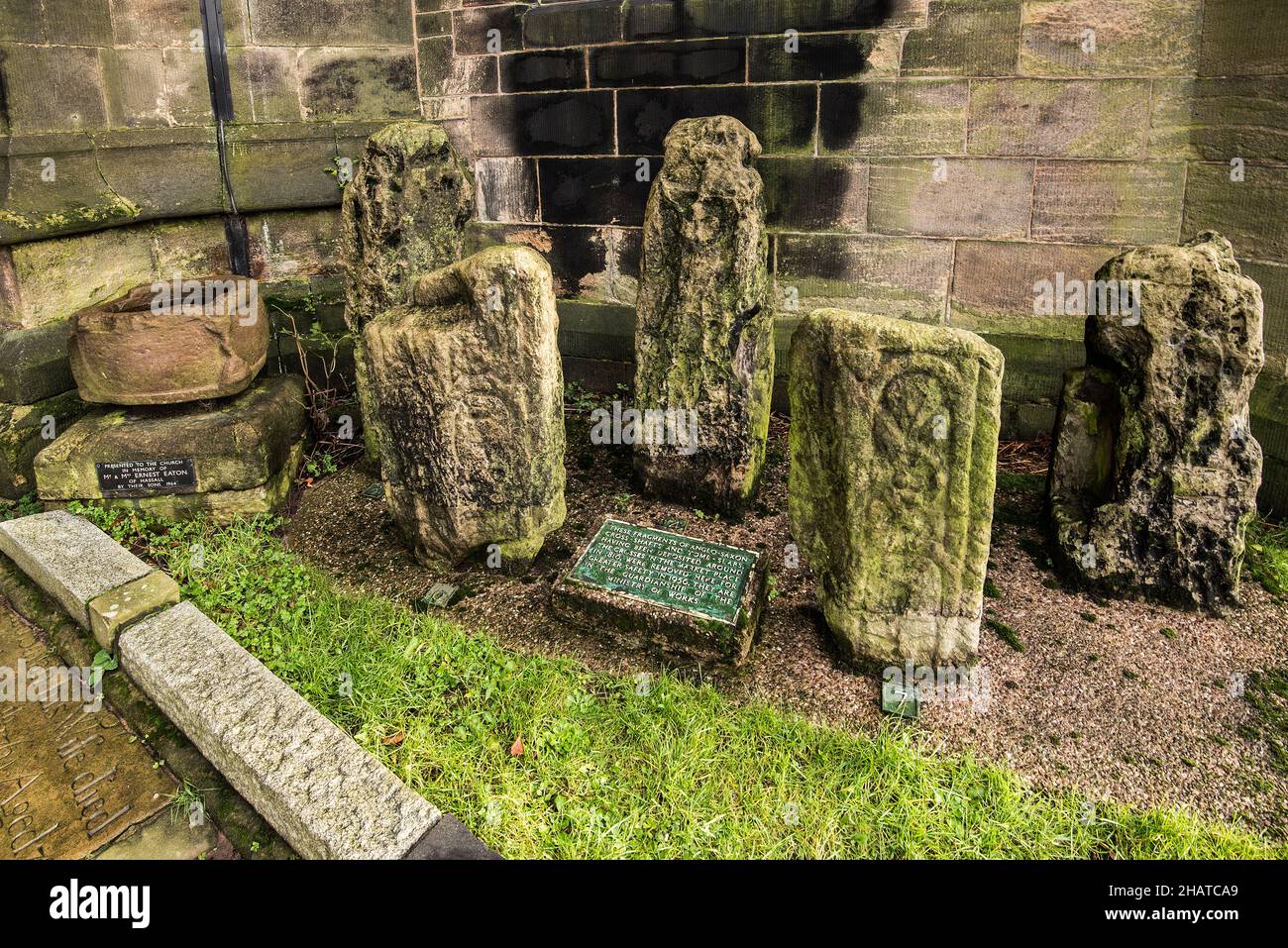 Early medieval sculptural fragments in St Mary's churchyard, Sandbach Cheshire Stock Photo