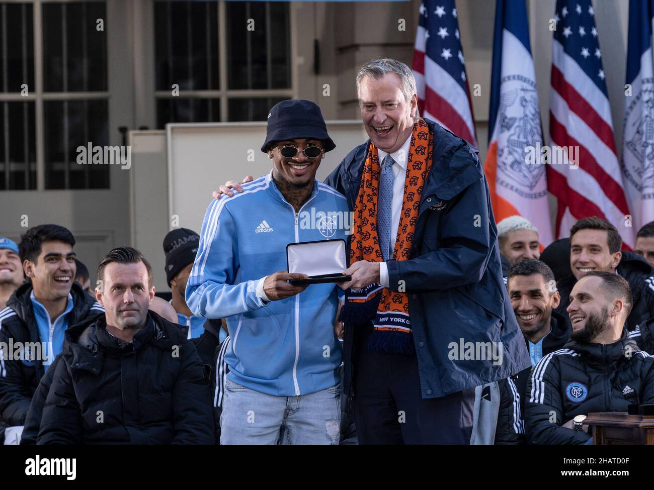 New York, USA. 14th Dec, 2021. Forward Thiago received Keys to the City from mayor Bill de Blasio during celebration for NYCFC winning the 2021 MLS Cup on City Hall steps in New York on December 14, 2021. NYCFC finished the regular season in 4th place and played almost all playoff games away. Winning the MLS Cup is the first trophy won by the franchise since it was established 7 years ago. NYCFC is part of the City Football Group which owns football clubs around the world. (Photo by Lev Radin/Sipa USA) Credit: Sipa USA/Alamy Live News Stock Photo