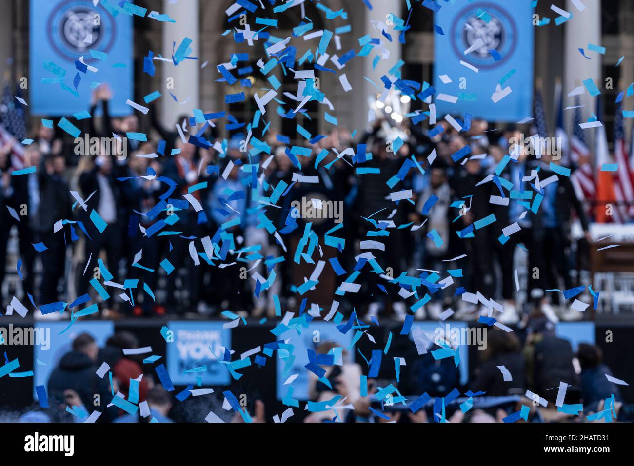 New York, USA. 14th Dec, 2021. Celebration for NYCFC winning the 2021 MLS Cup on City Hall steps in full swing in New York on December 14, 2021. NYCFC finished the regular season in 4th place and played almost all playoff games away. Winning the MLS Cup is the first trophy won by the franchise since it was established 7 years ago. NYCFC is part of the City Football Group which owns football clubs around the world. (Photo by Lev Radin/Sipa USA) Credit: Sipa USA/Alamy Live News Stock Photo