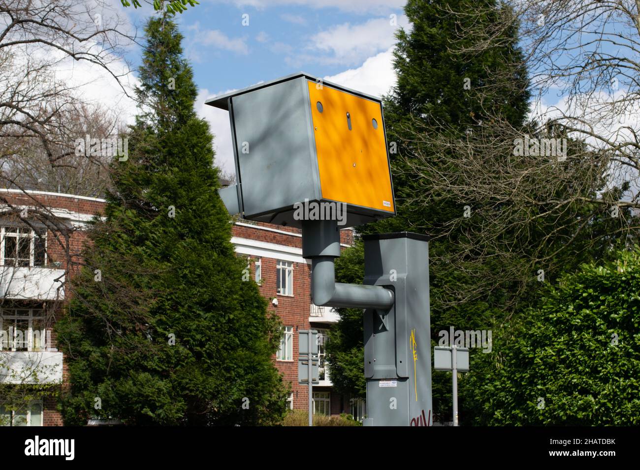 Gatso  speed camera with residential area in background. Wilmslow Road, Fallowfield, Manchester, UK Stock Photo