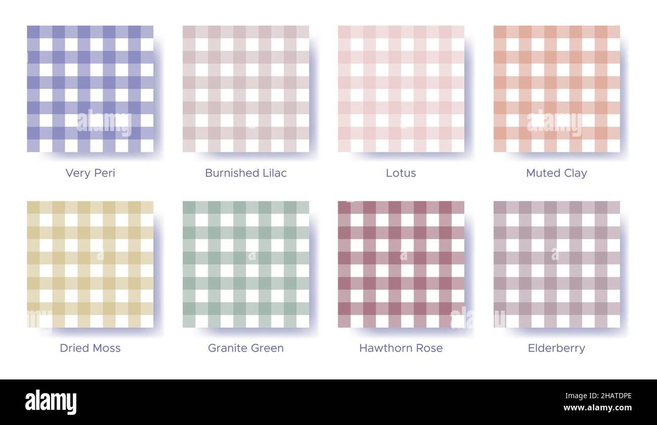 Gingham seamless pattern set in the color of 2022 Very Peri. Sample color guide palette catalog of swatches. Matching shades for fashion trends - bala Stock Vector