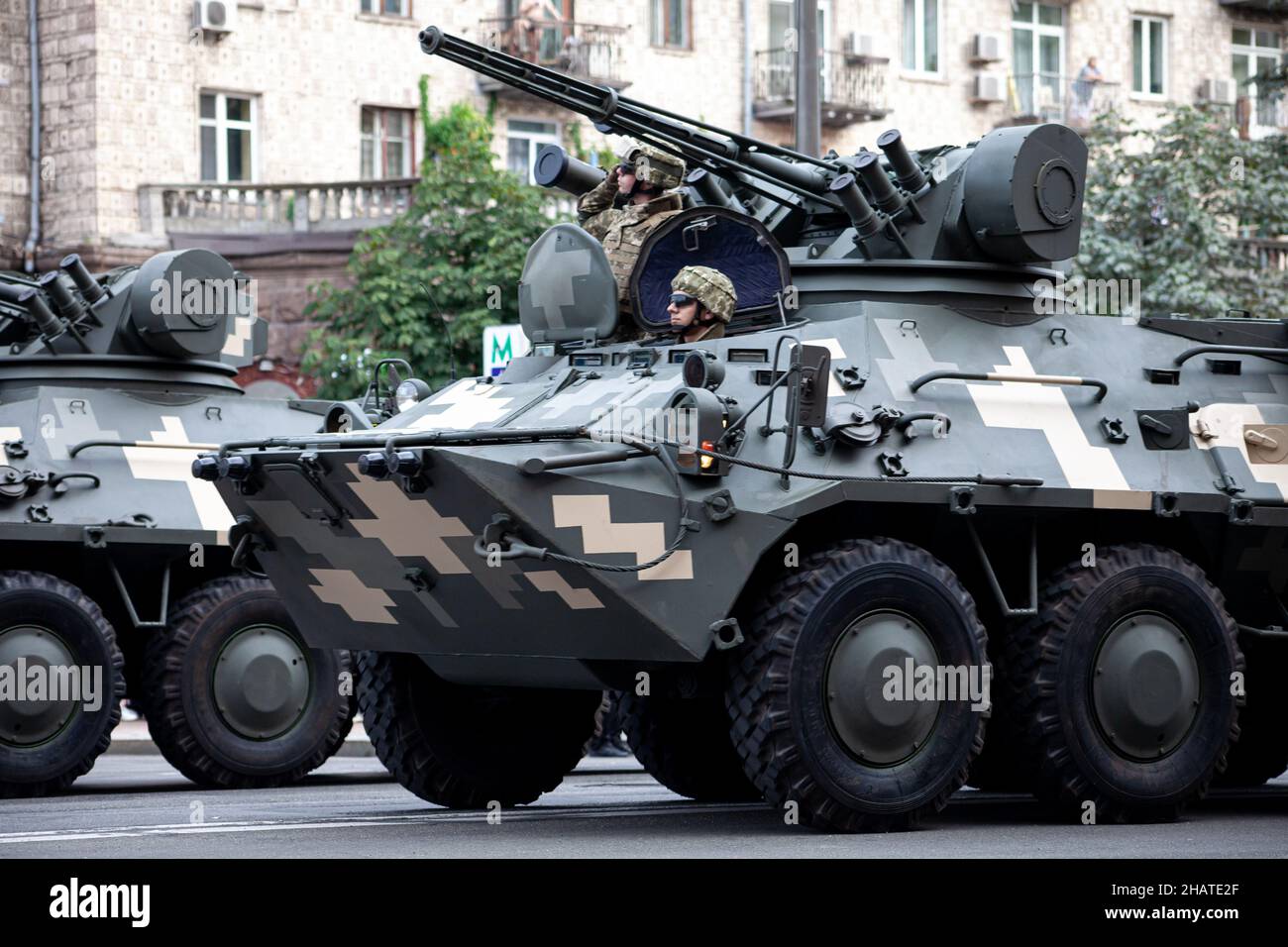 Ukraine, Kyiv - August 18, 2021: Tankman. Military parade. Armored vehicle. Transport in protective colors. Army vehicles SUVs Stock Photo