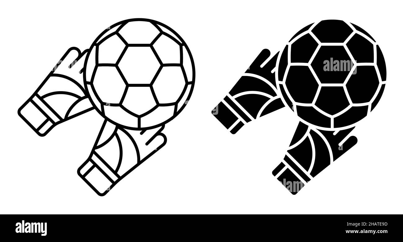 Linear icon. Goalkeeper gloved hands catch flying soccer ball. Football