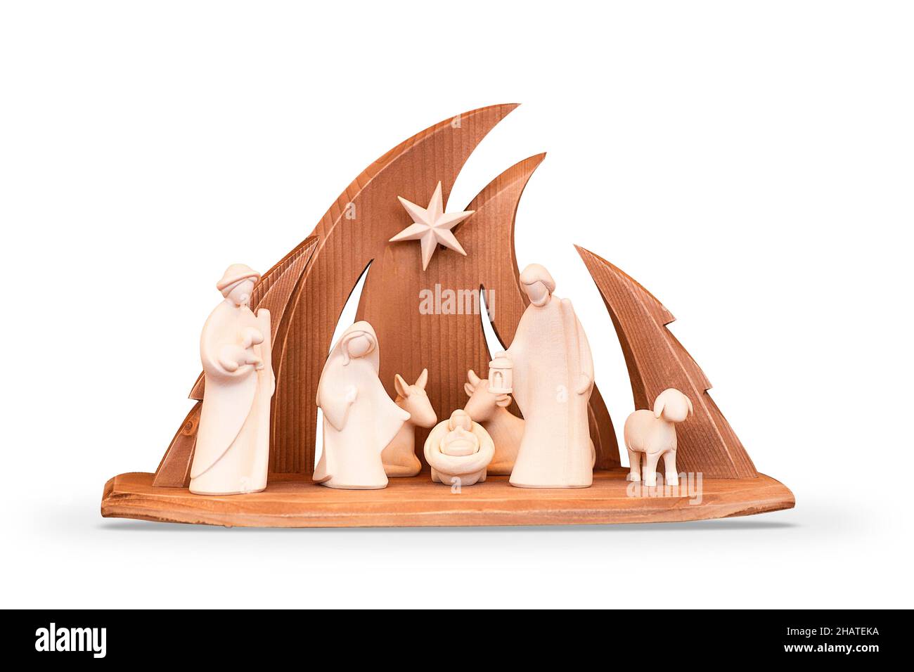 Nativity. Scene from ceramic or wooden figurines of the Nativity. Christmas composition. Stock Photo