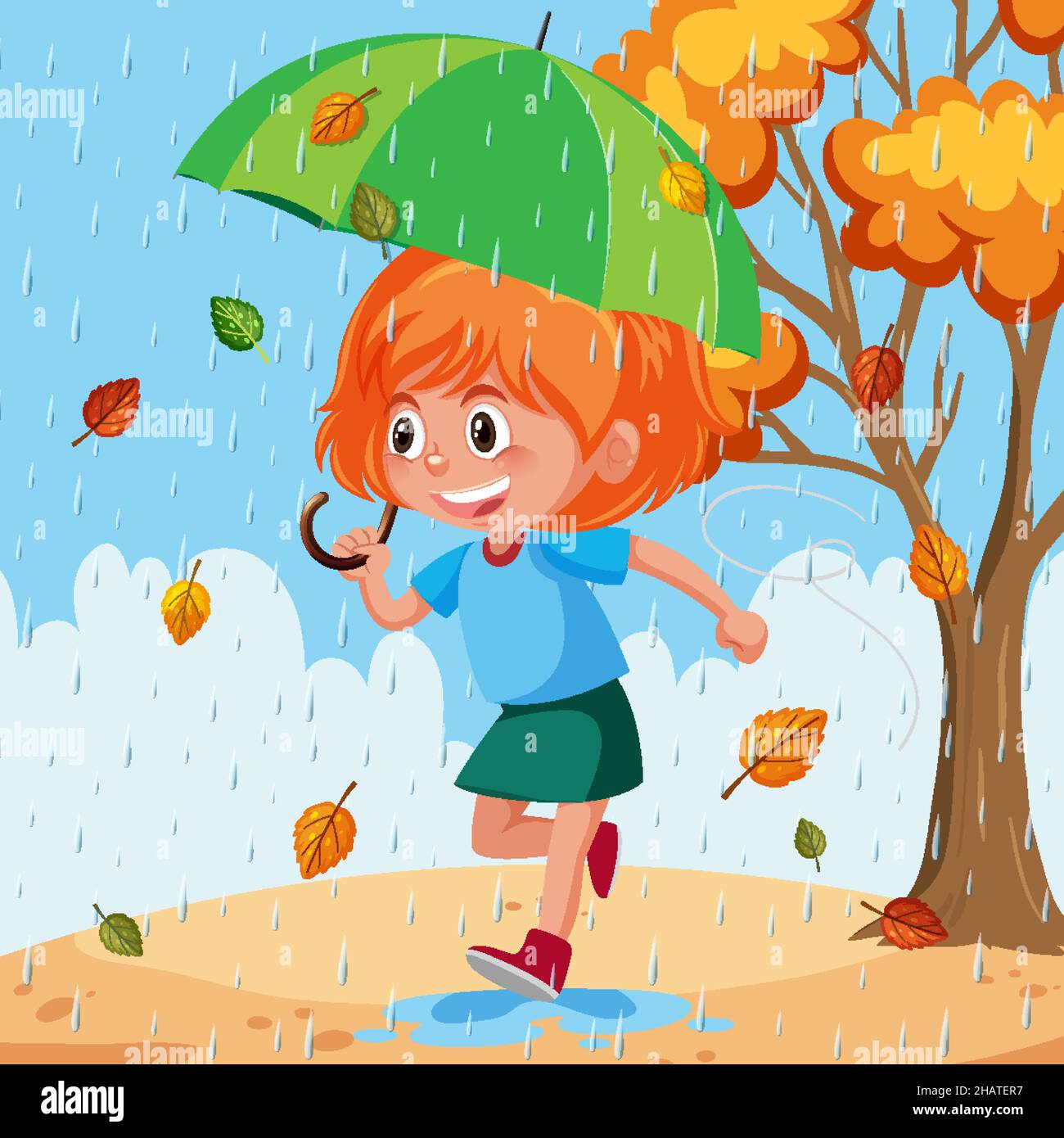 Happy girl in rain with umbrella illustration Stock Vector Image & Art ...