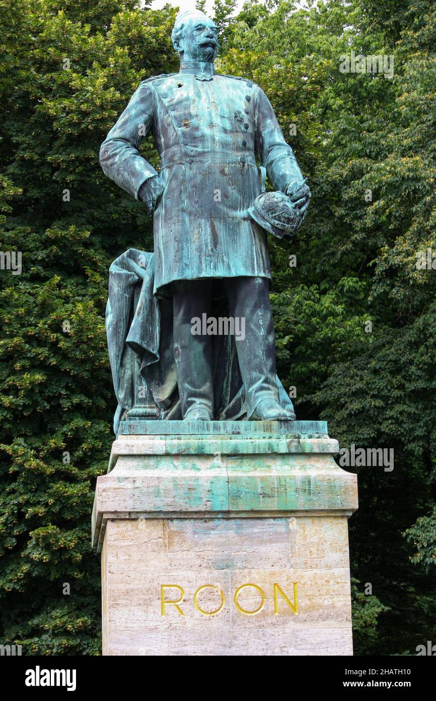 The statue of Albrecht Theodor Emil Graf von Roon by Harro Magnusson located near the Berlin Victory Column in the Tiergarten. No people. Stock Photo