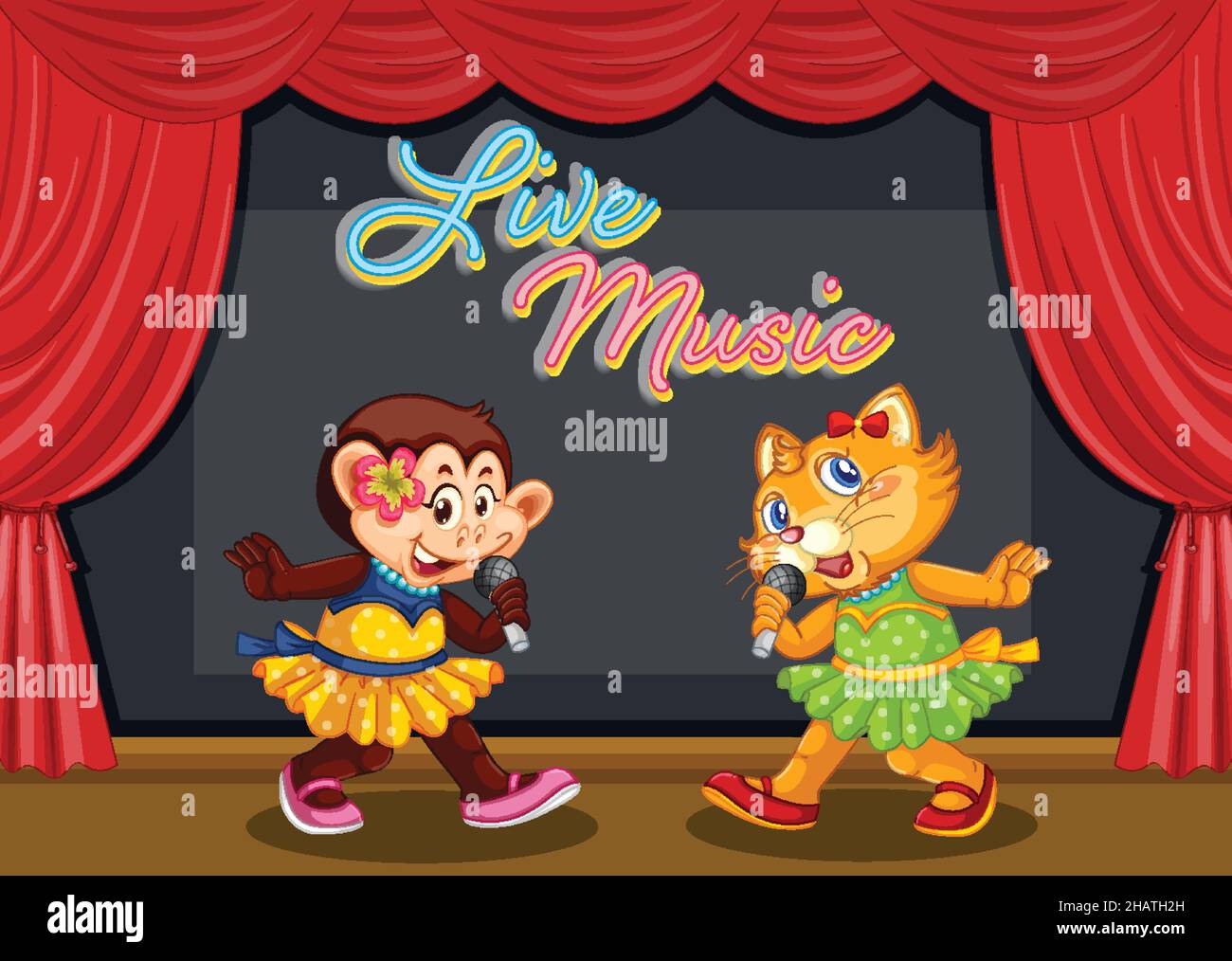 Monkey and cat performing singing on stage illustration Stock Vector
