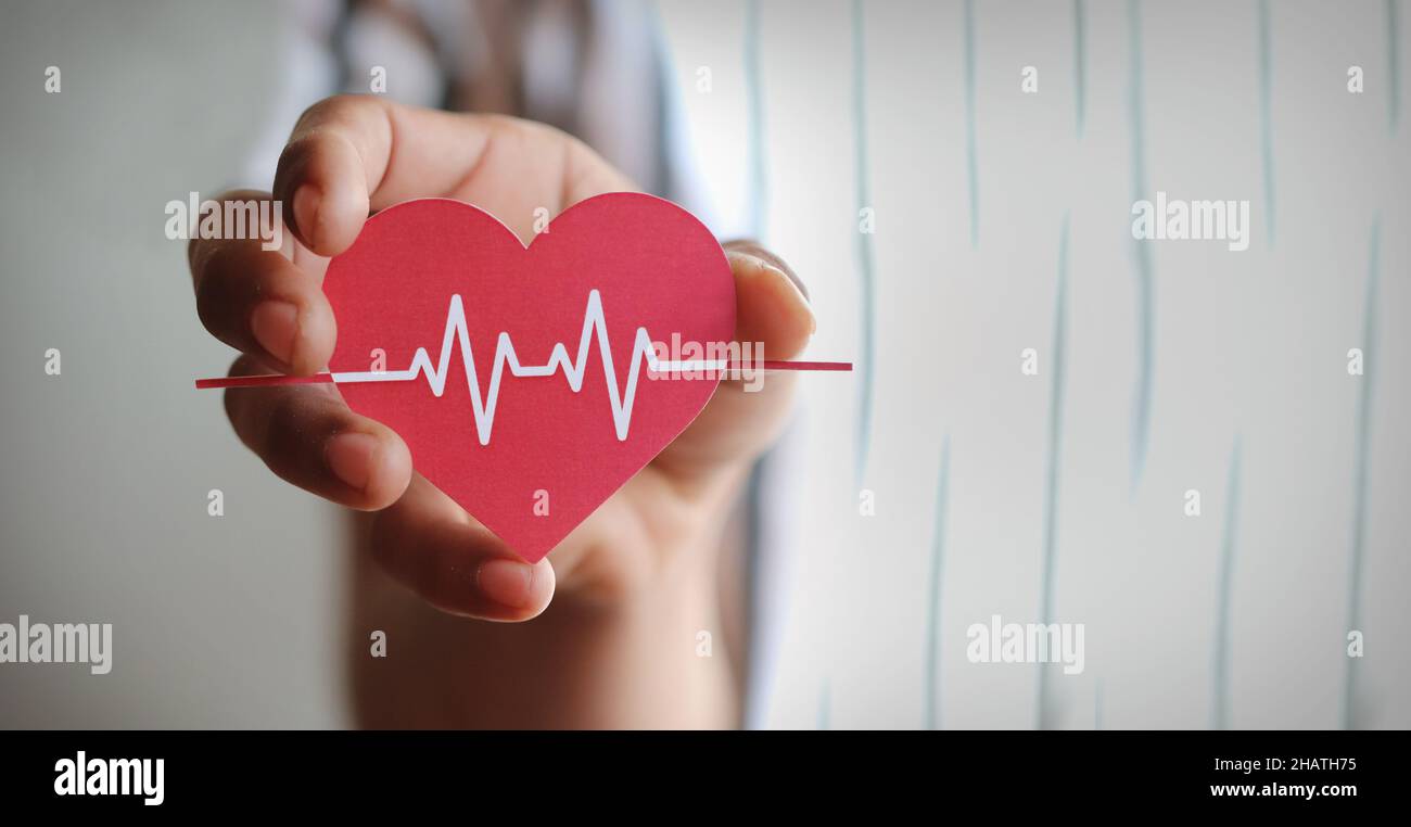 Man hand holding red heart with cardiogram, health care, organ donation, family life insurance, world heart day, world health day, praying concept Stock Photo