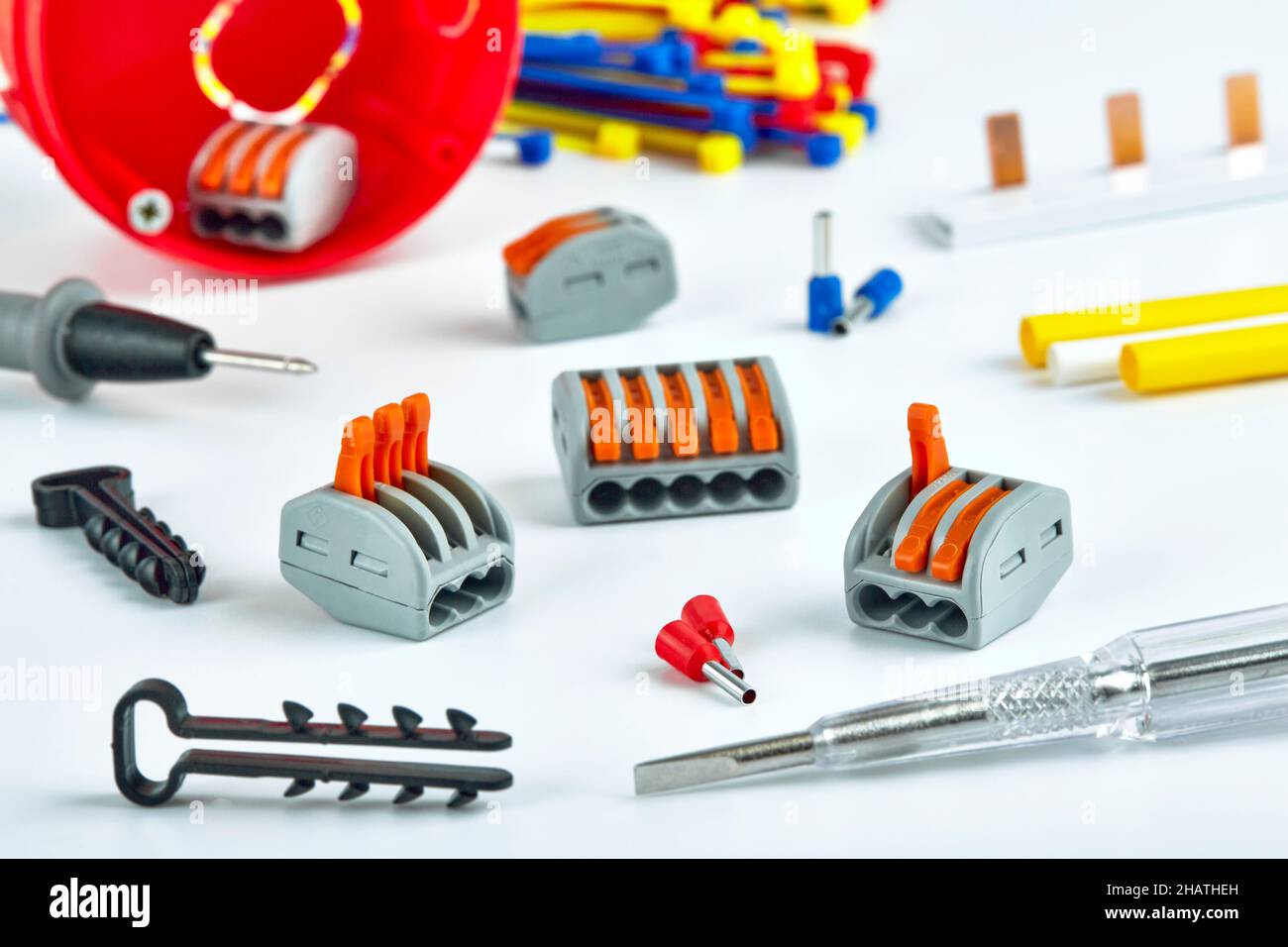 Electrical accessories, screwdriver, clamps, ties on a white background Stock Photo Alamy