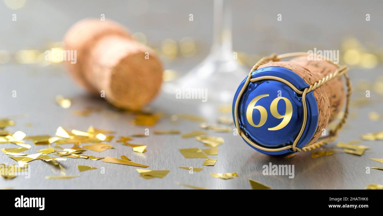 Champagne cap with the Number 69 Stock Photo