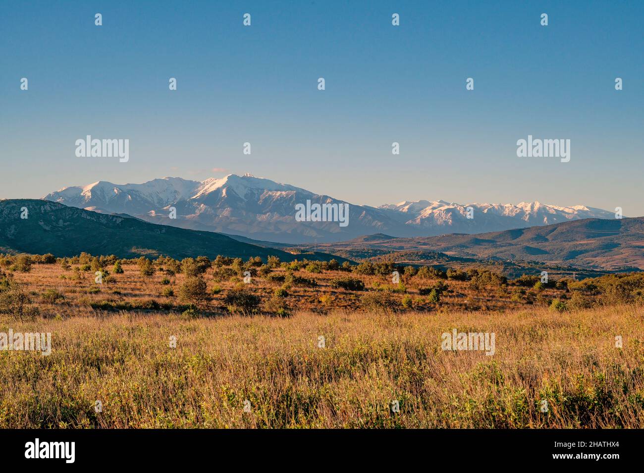 The Canigou mountain seen from the hiking trail from Cases-de-Pena to Tautavel. . Stock Photo