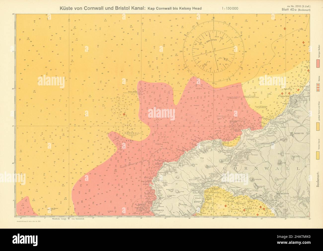 40a. Cornwall coast. Lands End St Ives Penzance. KRIEGSMARINE Nazi map 1940 Stock Photo