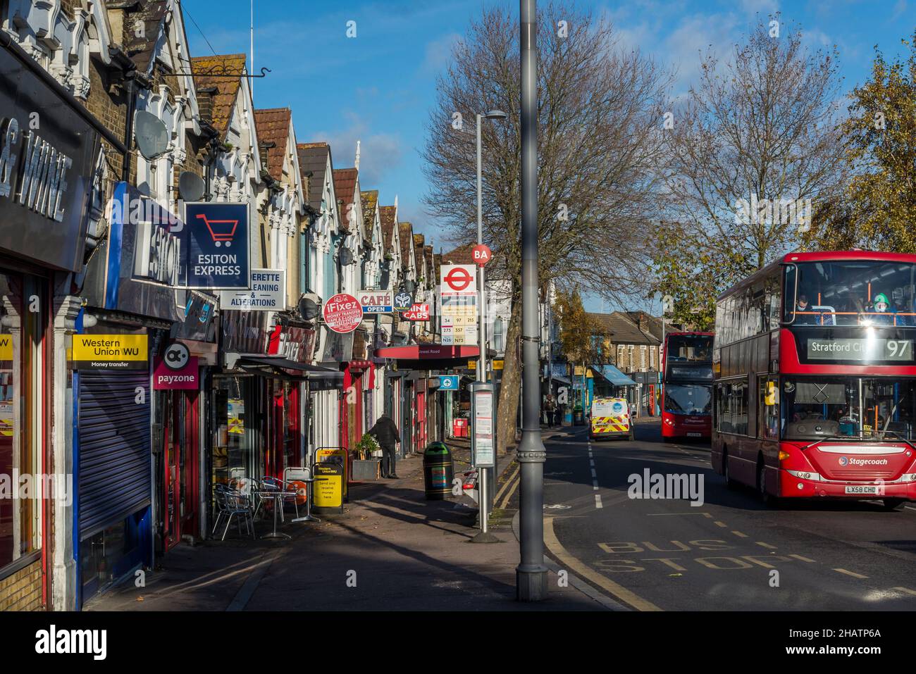 A row of houses and shops on Hoe Street, Walthamstow, London, England