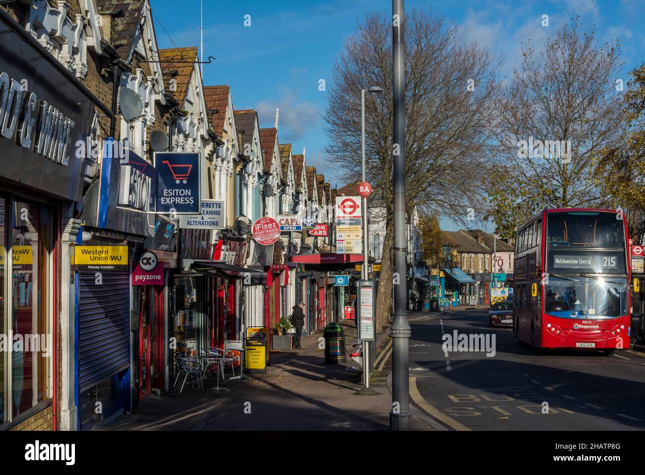 A row of houses and shops on Hoe Street, Walthamstow, London, England