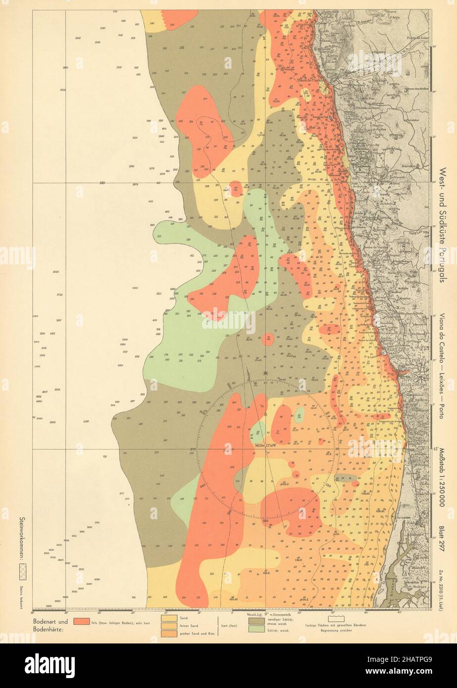Portugal north coast. Aveiro Porto Braga Viana KRIEGSMARINE Nazi map 1943 Stock Photo
