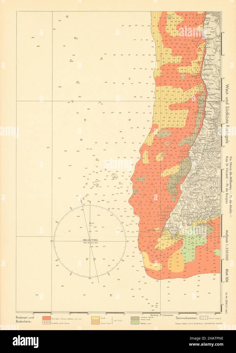 Algarve coast. Cape St. Vincent. Portugal. KRIEGSMARINE Nazi map 1943 old Stock Photo