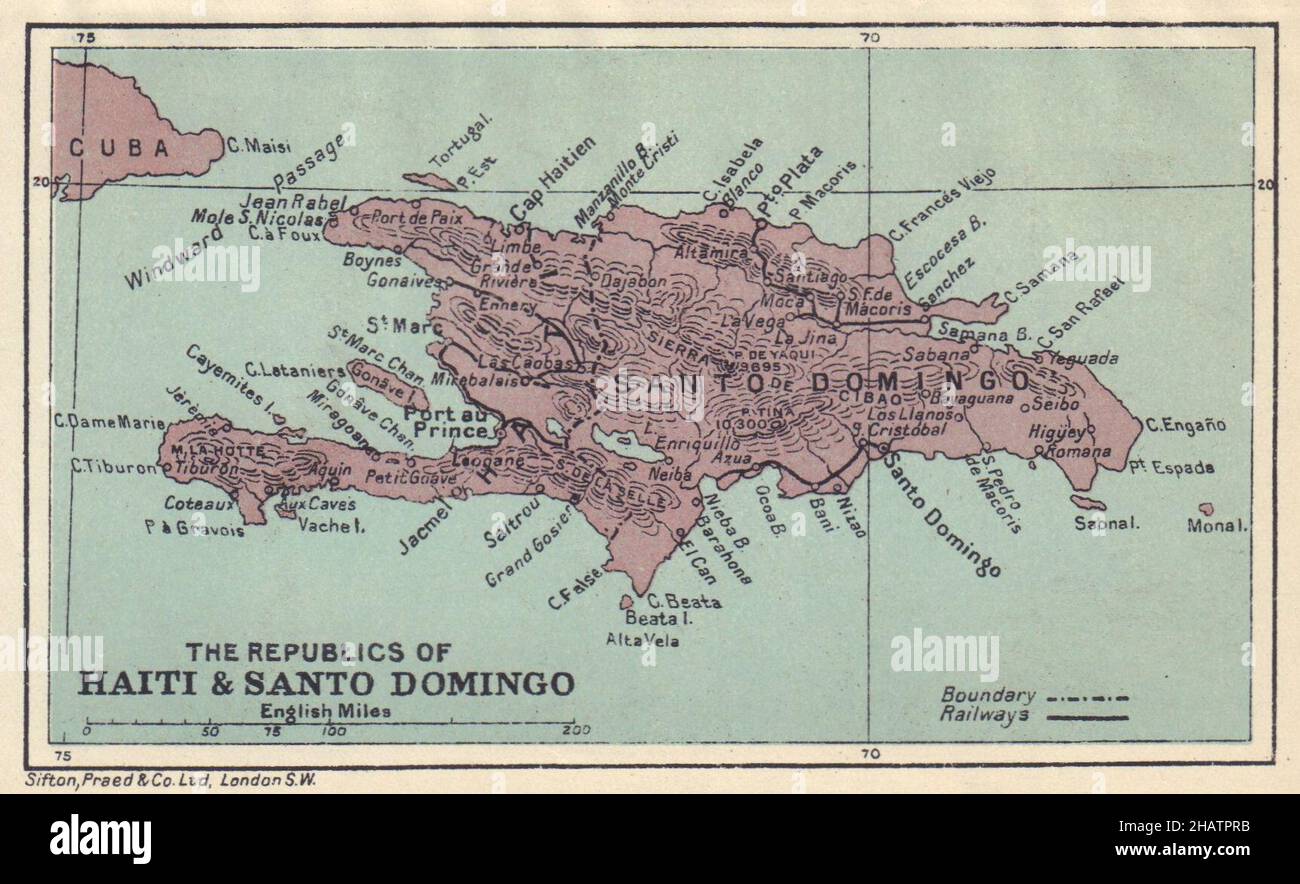 HISPANIOLA. Haiti & Santo Domingo (Dominican Republic) Vintage map 1923 Stock Photo