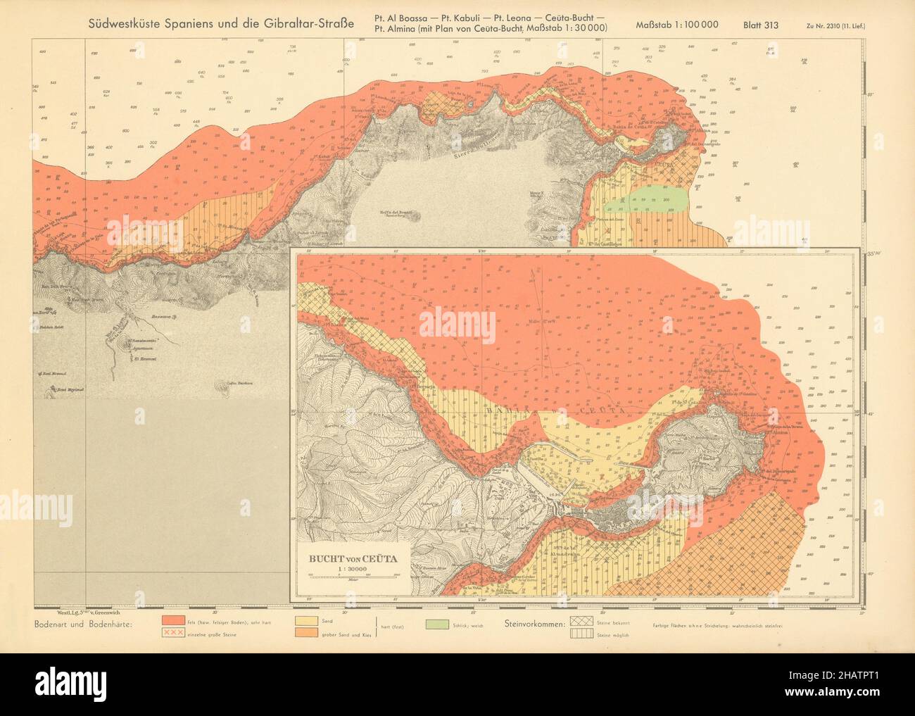 Northern Morocco coast. Tanger Ceuta Bay. KRIEGSMARINE Nazi map 1943 old Stock Photo