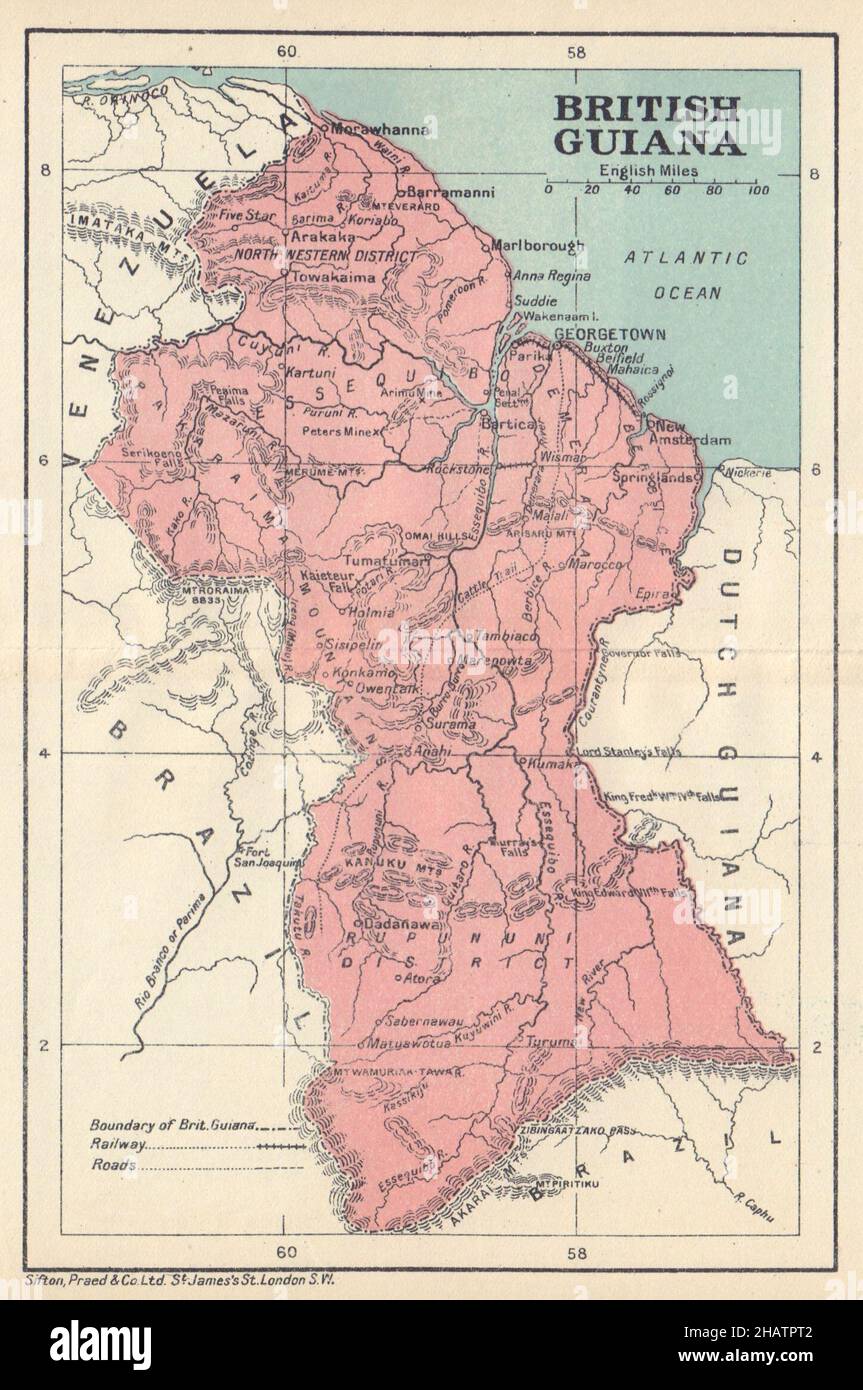BRITISH GUIANA (GUYANA) . Vintage map. Guyana. Caribbean 1923 old