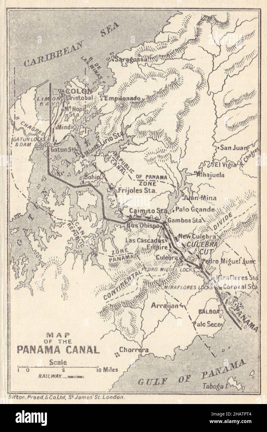 PANAMA CANAL. Vintage map. Railway. Shows canal zone. Caribbean 1923 old Stock Photo