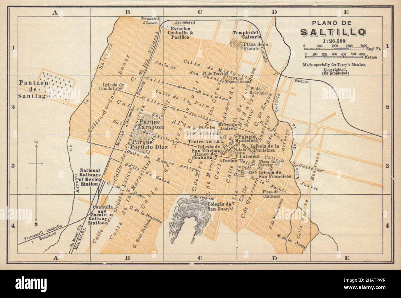 Plano de SALTILLO, Mexico. Mapa de la ciudad. City/town plan 1935 old Stock Photo