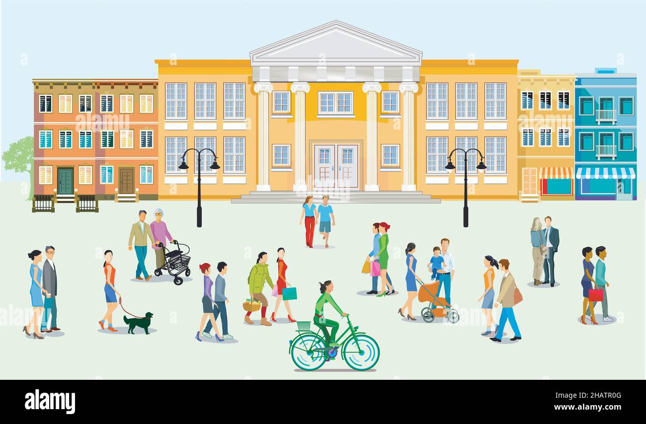 City view with town hall and pedestrians, illustration Stock Vector