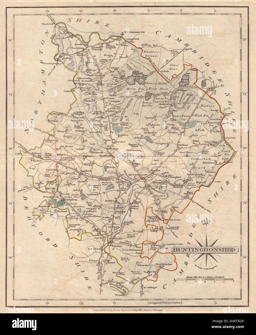 Antique county map of HUNTINGDONSHIRE by JOHN CARY. Fens Moors Yaxley