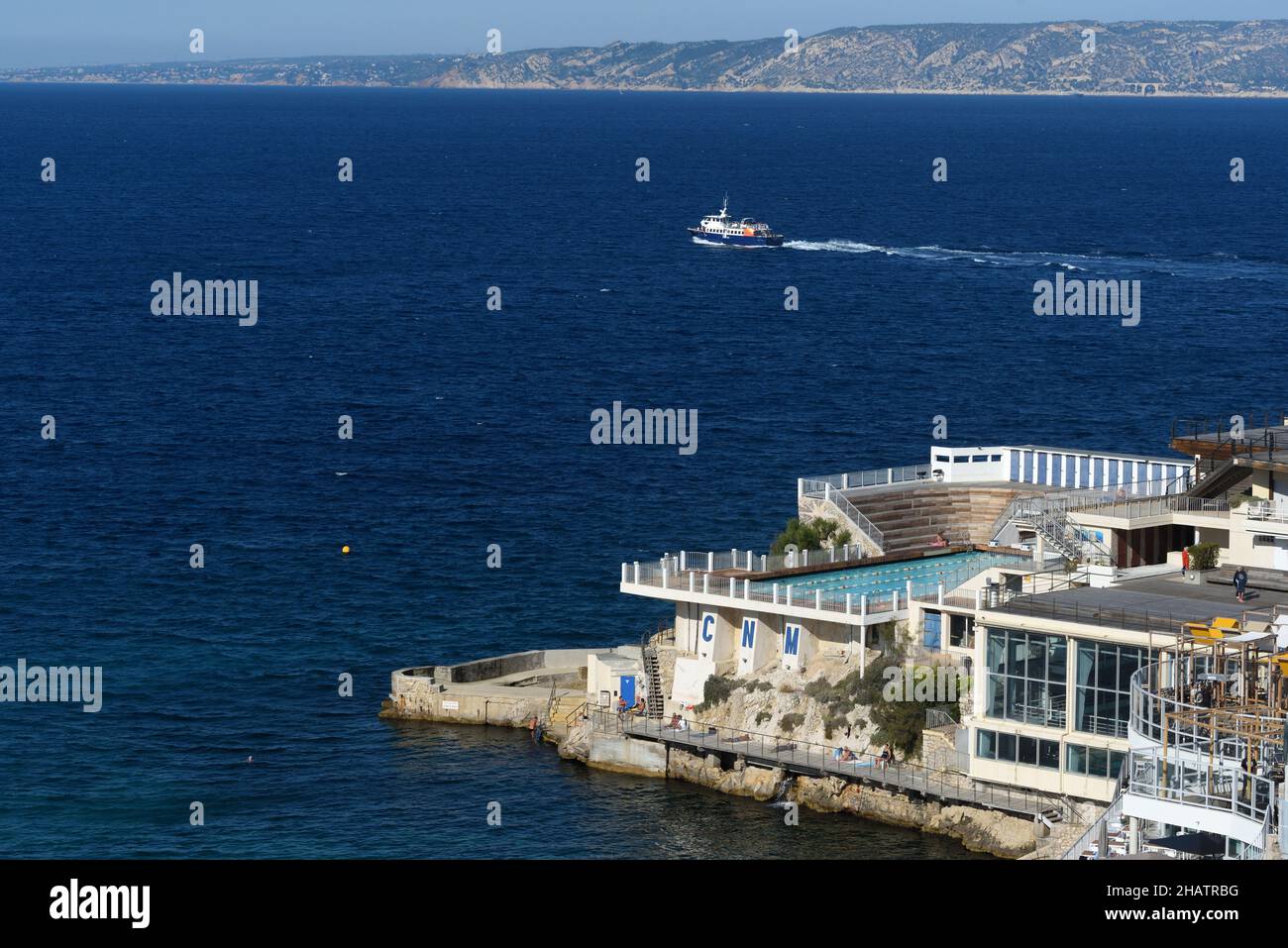 Cercle des Nageurs Swimming Pool & Exclusive Private Club & Bay of Marseille on Plage des Catalans Marseille Provence France Stock Photo