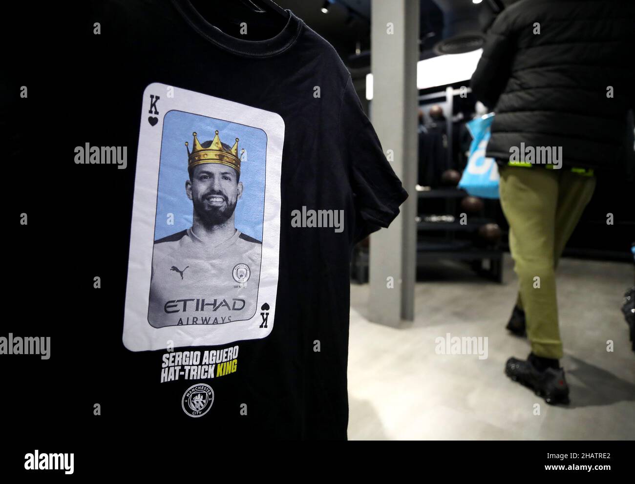 File photo dated 29-01-2020 of A Sergio Aguero hat-trick t-shirt for sale. 16 - Hat-tricks for City. Issue date: Wednesday December 15, 2021. Stock Photo