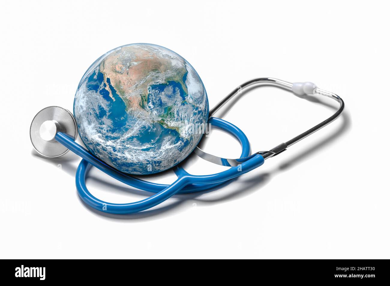 Global human health in context of coronavirus pandemic. Globe and stethoscope. Global health and Green Earth day concept. Elements of this image were Stock Photo