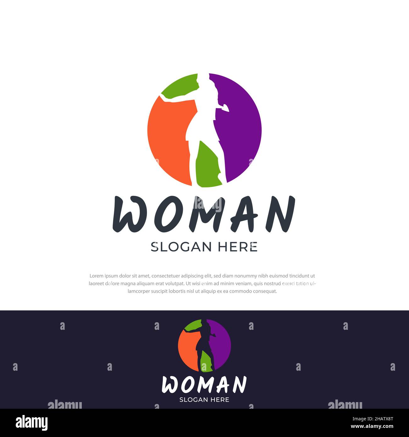 Colorful passionate woman logo design, success, icon, symbol, woman silhouette illustration, design template Stock Vector