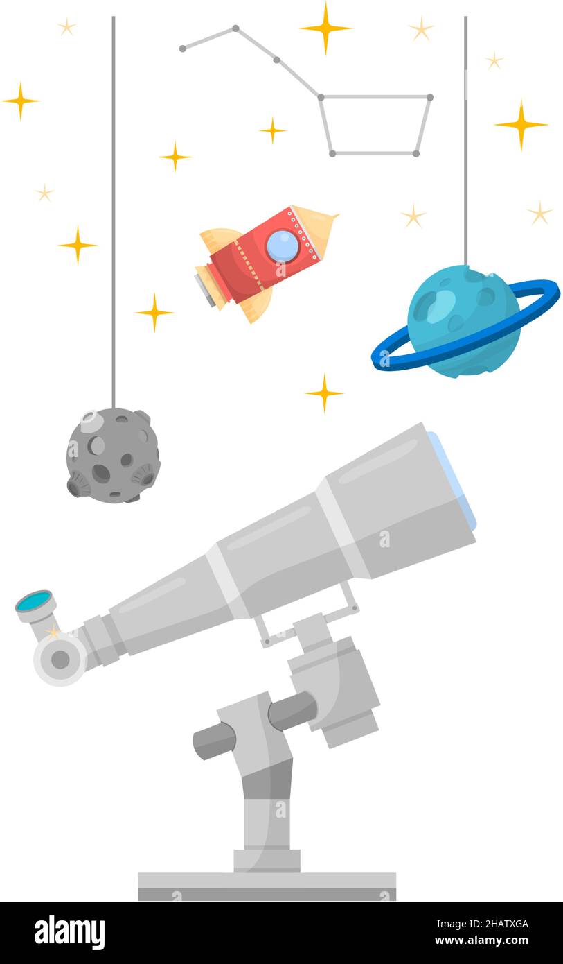 Astronomy concept. Telescope and hanging planets. Star learning Stock Vector