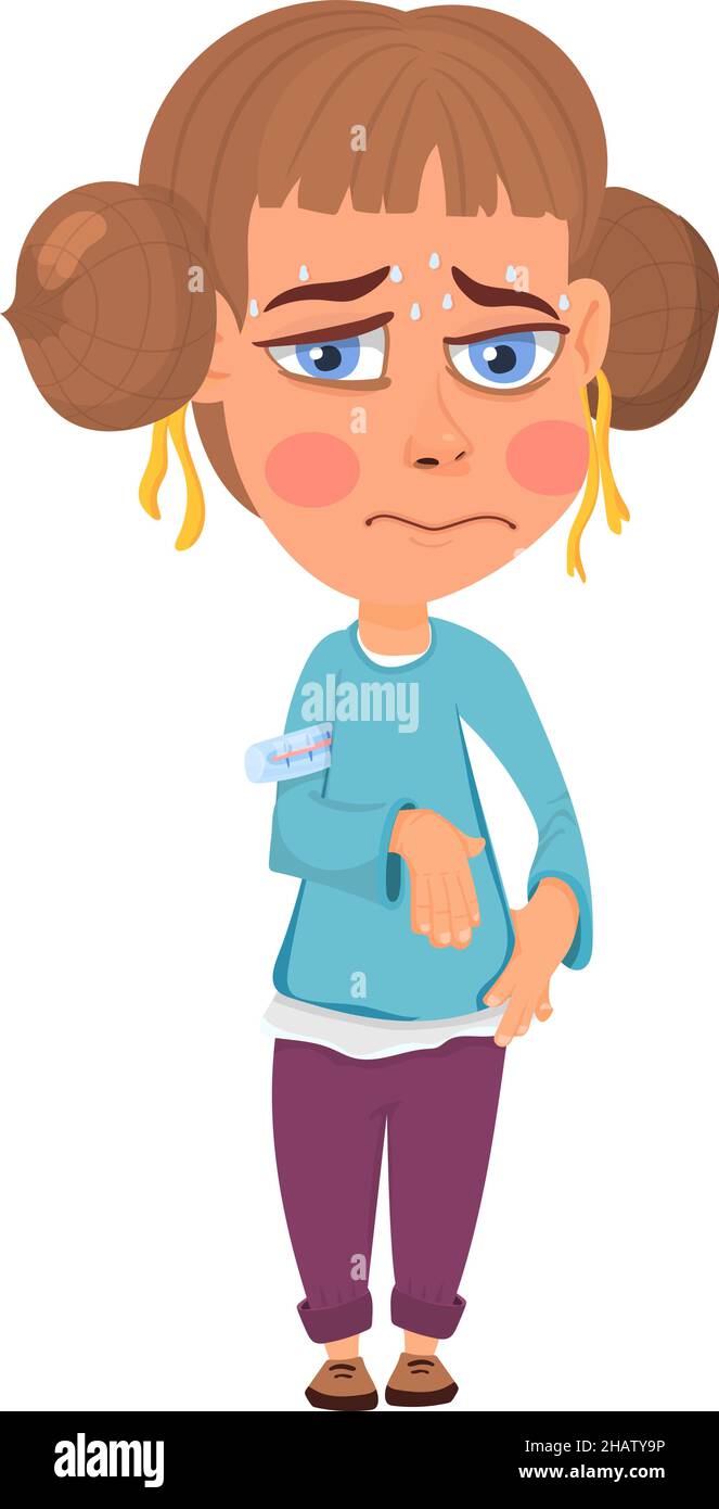 Kid fever. Cute cartoon girl with thermometer. Sick child Stock Vector