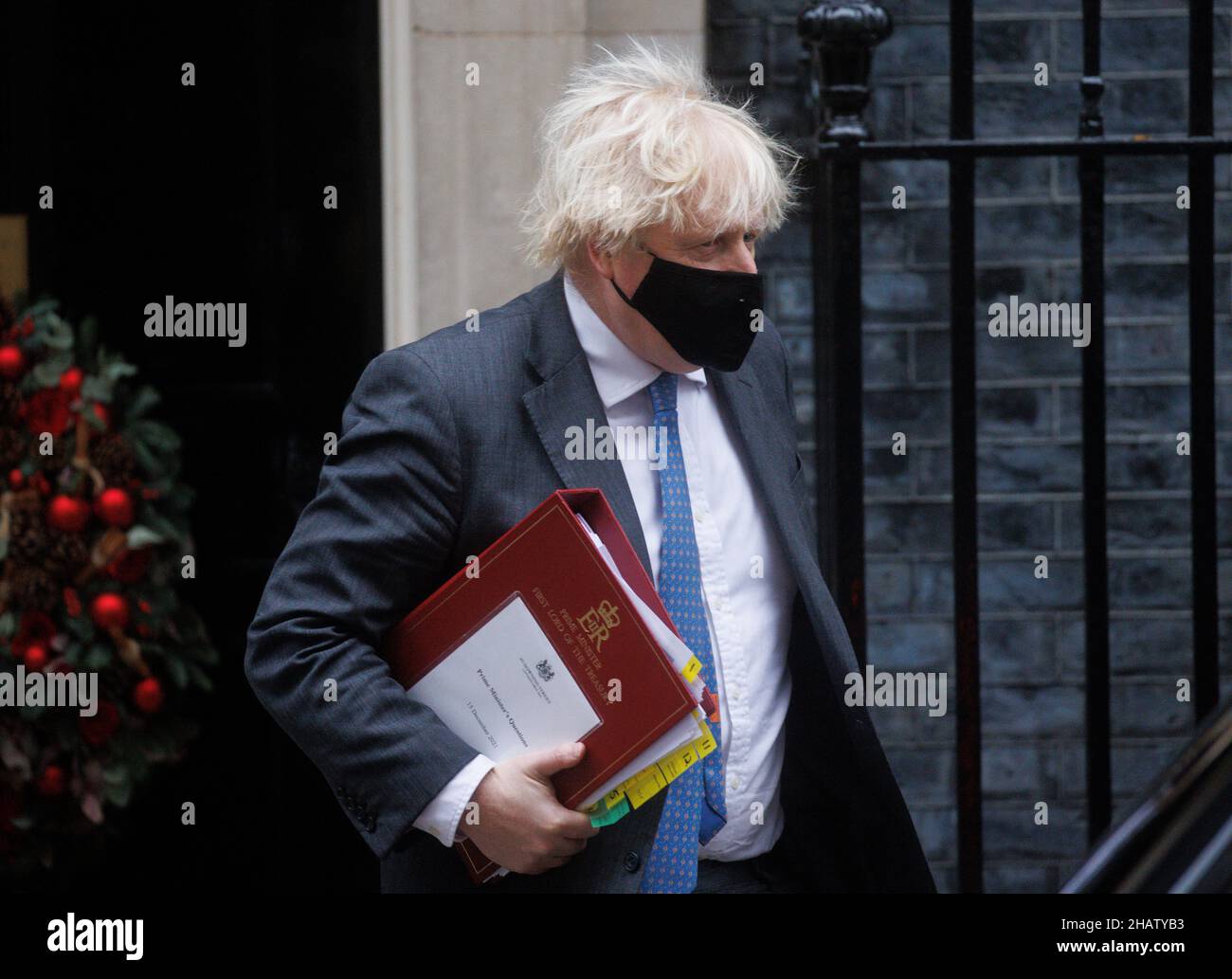 London, UK. 15th Dec, 2021. Prime Minister, Boris Johnson, leaves 10 Downing Street to go to Parliament for Prime Minister's Questions. He will face Keir Starmer over the despatch box where he will face continued questions about the alleged Christmas party at Downing Street. Credit: Tommy London/Alamy Live News Stock Photo