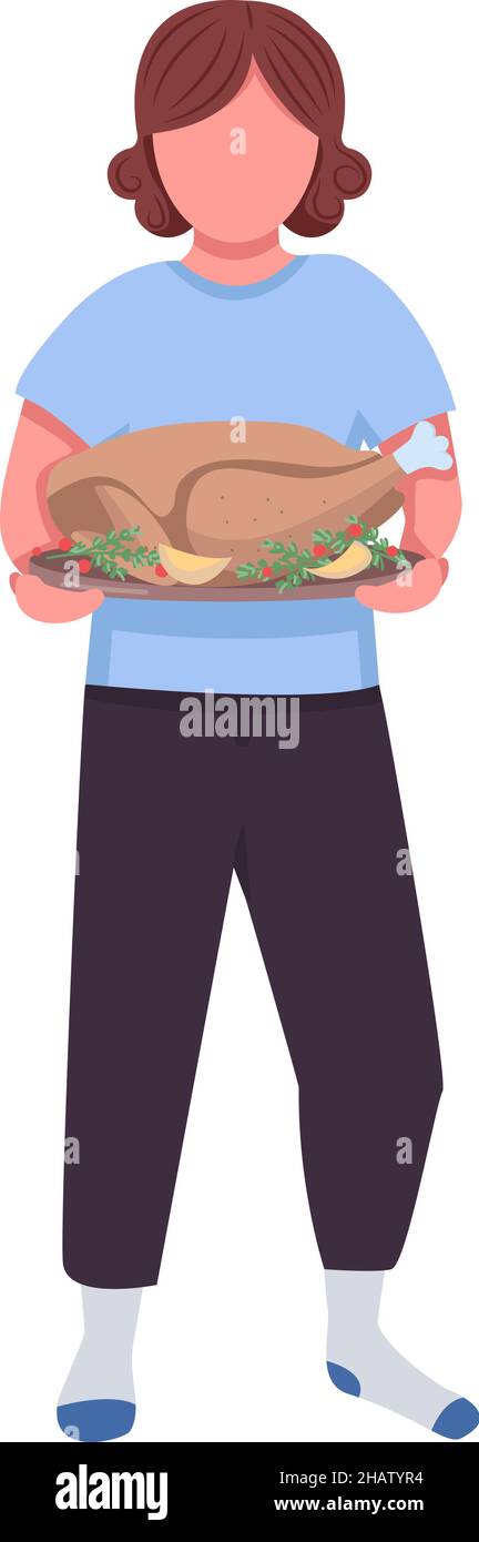 Person with cooked turkey semi flat color vector character Stock Vector