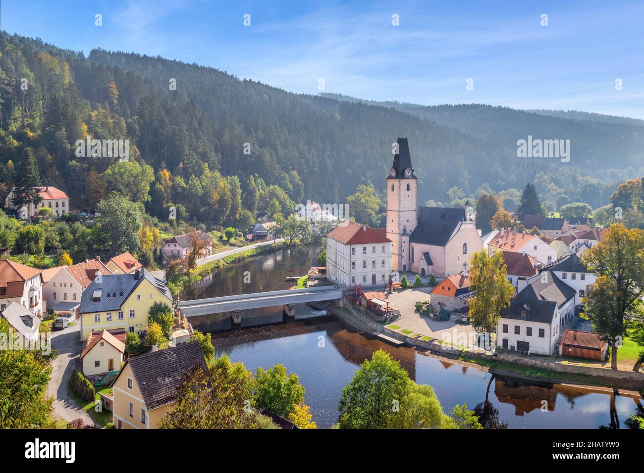 View of Rozmberk nad Vltavou - small beautiful town in South Bohemian Region, Czech Republic Stock Photo
