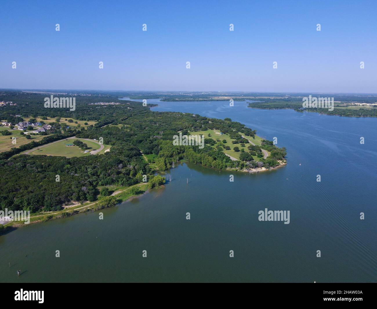Beautiful aerial view of nature on the shore of Lake Waco in Texas