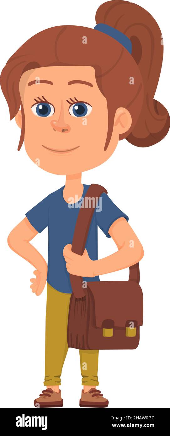 Cute girl with ponytail. Cartoon school kid character Stock Vector