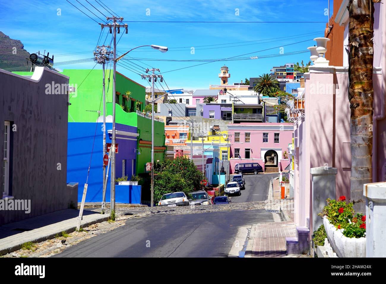 Bo-Kaap district, Cape Town, South Africa - 14 December 2021 : Distinctive bright houses in the bo-kaap district of Cape Town, South Africa Stock Photo