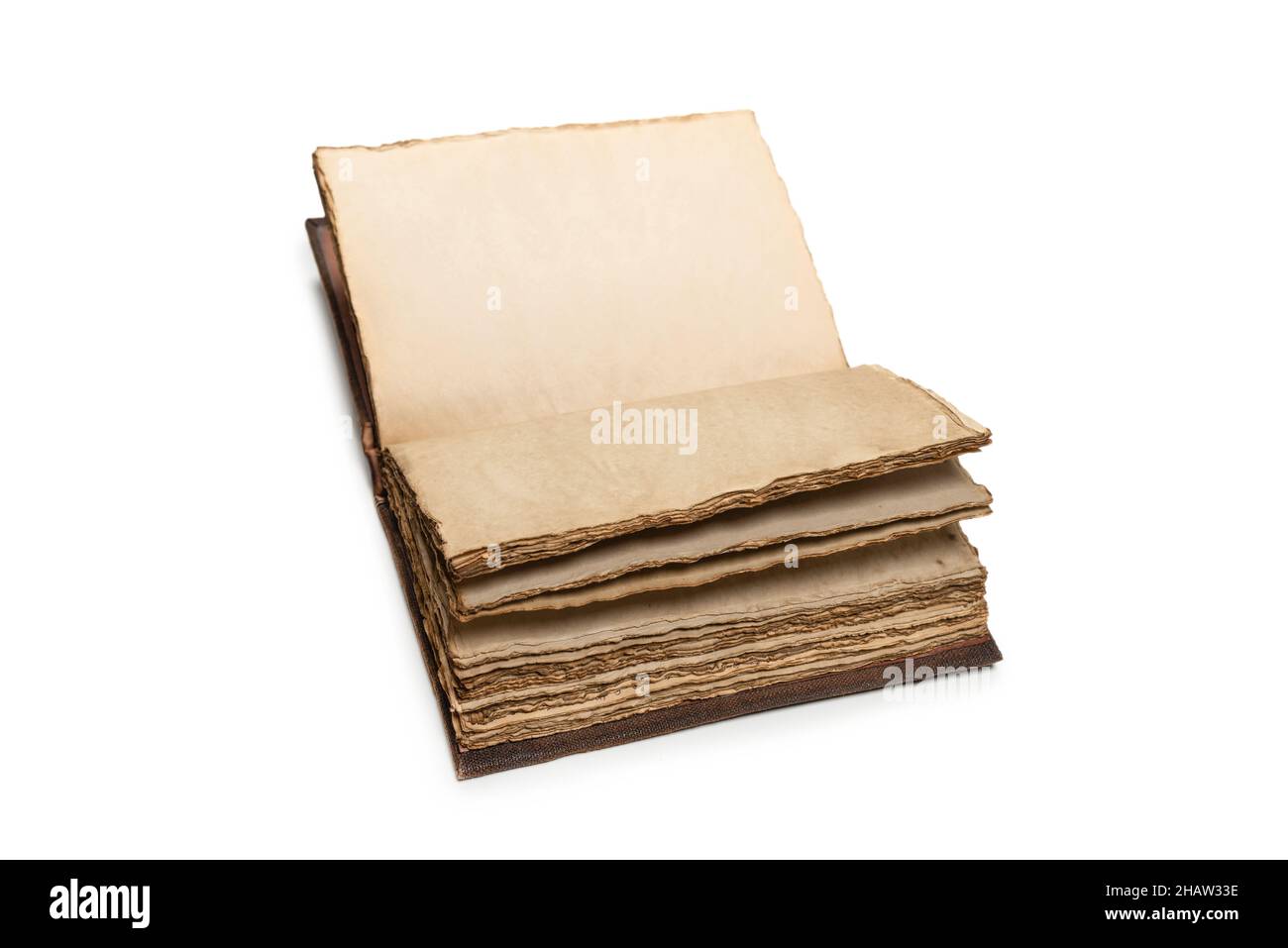 An open empty old notebook isolated on a white background. Copy space. Stock Photo