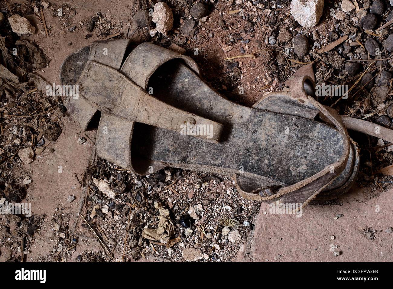 Traditional Spanish sandal for farm workers, from above, sturdy leather sandal of the campesinos, Andalusia, Spain Stock Photo