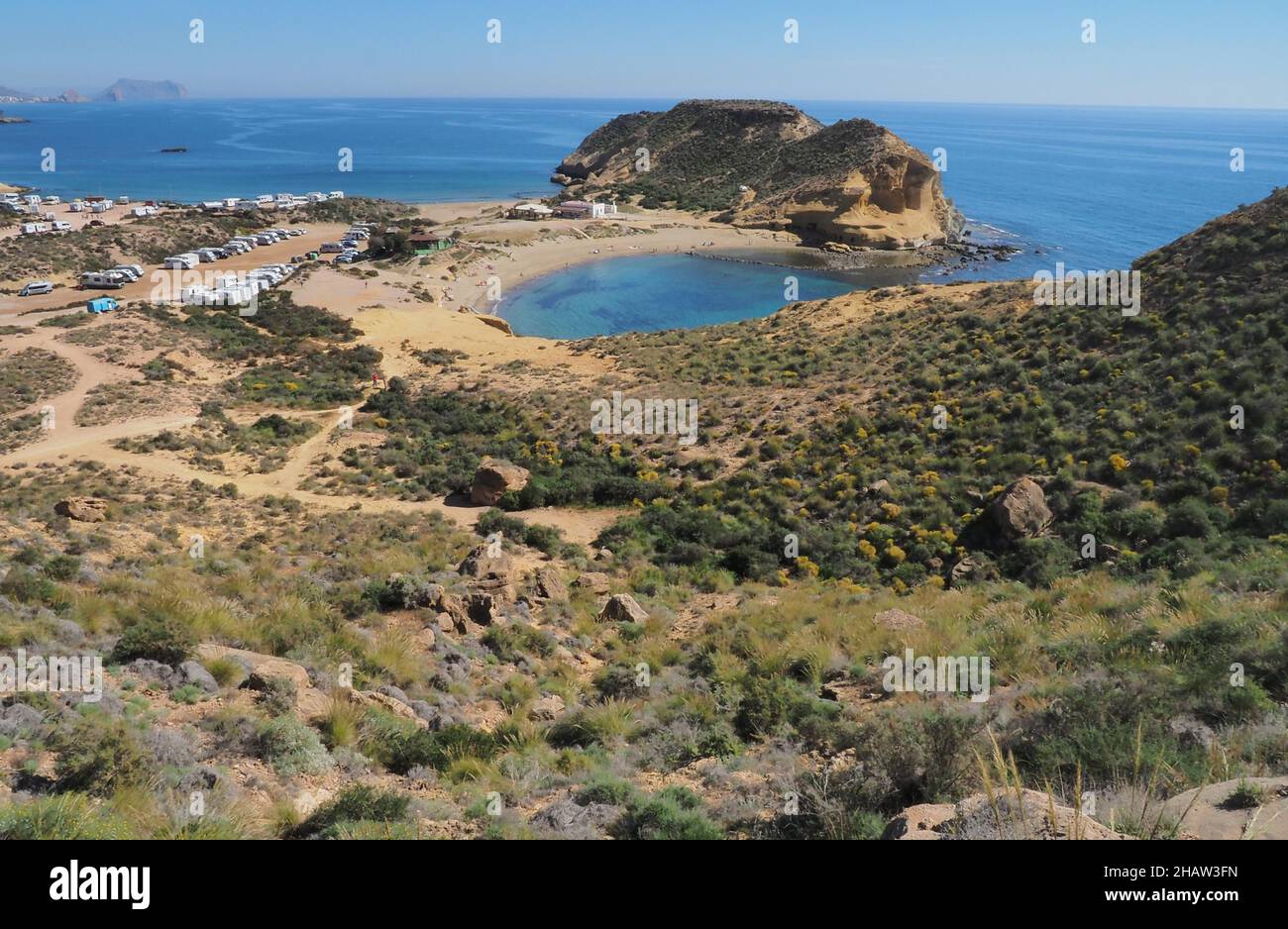 Hiking trail from San Juan de los Terreros to Aguilas, Cocedores beach from above, top view, motorhome meeting in winter, Cocedores, Murcia, Spain Stock Photo