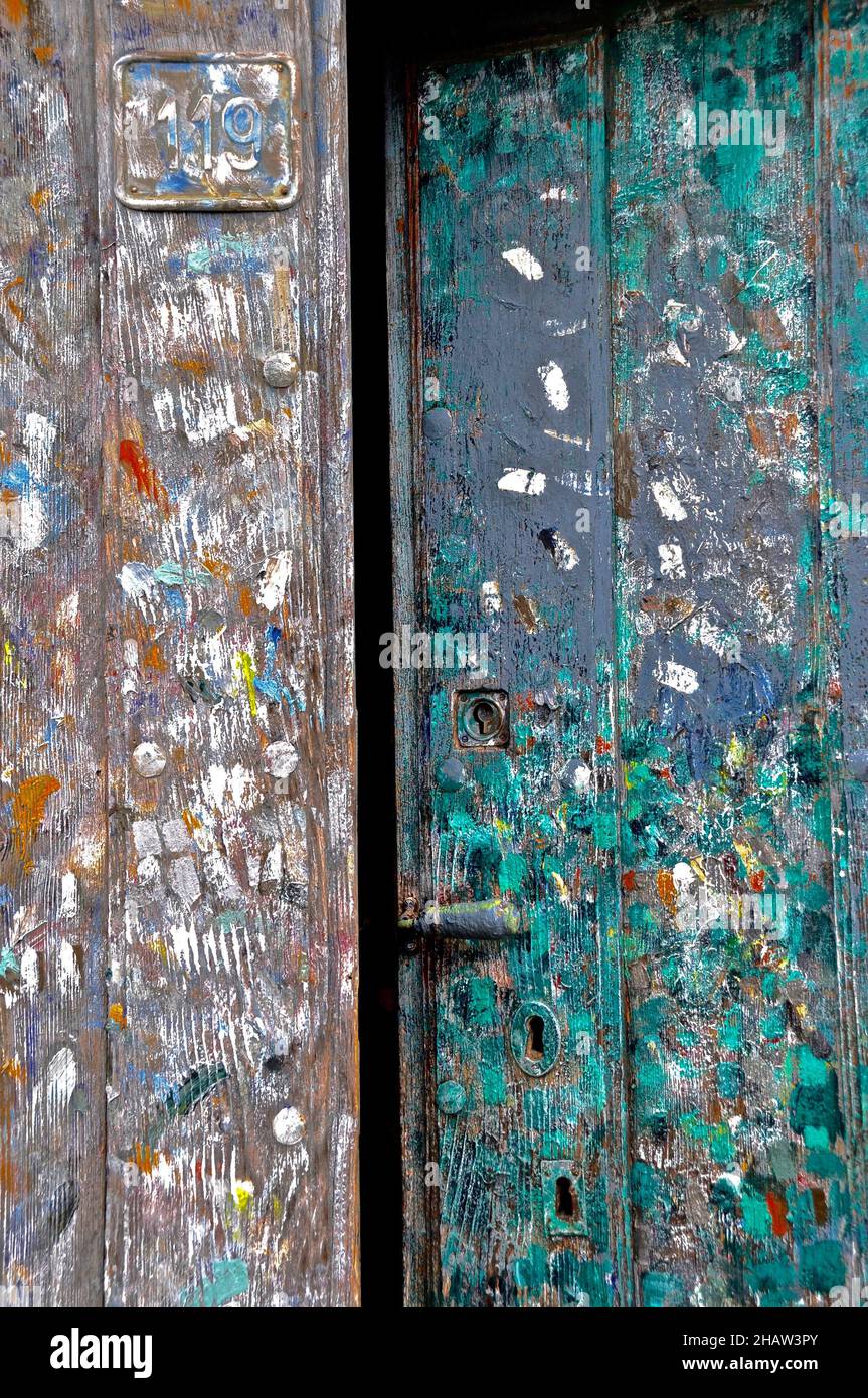 Colourfully painted door, wildly painted entrance door Stock Photo