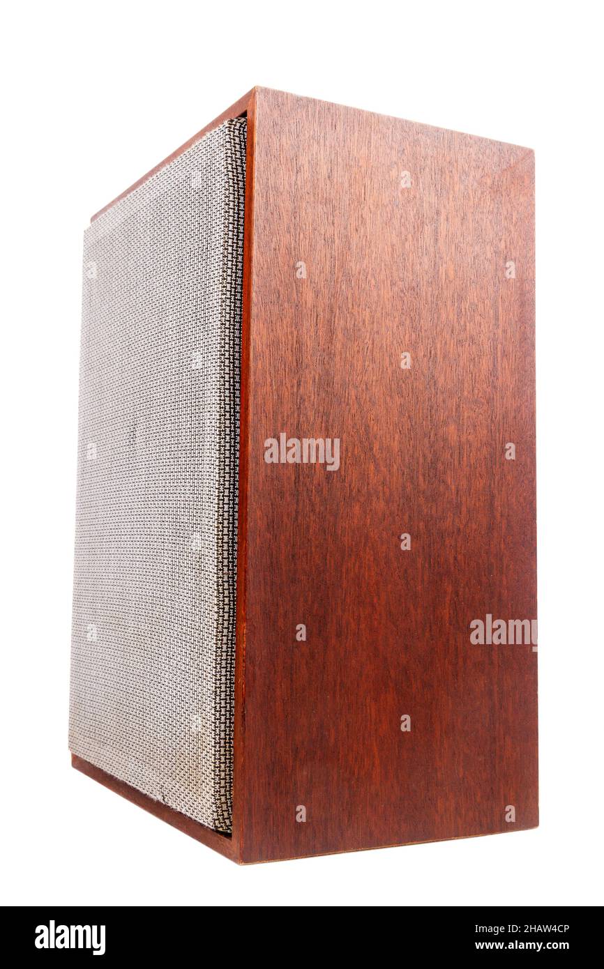Single vintage speaker with fabric grill isolated on white background